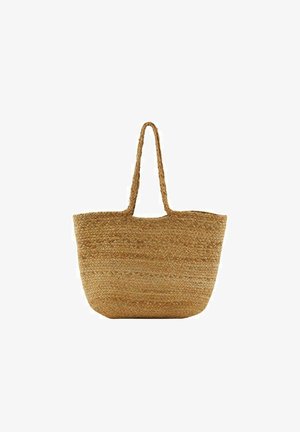 Bolsa grande de paja tejida con dos asas trenzadas, color marrón claro natural, diseño sencillo, adecuada para llevar objetos.