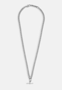 Ezüst lánc nyaklánc összekapcsolt szemekkel, jellegzetes kapoccsal és egy vízszintes rudazattal a középpontban.