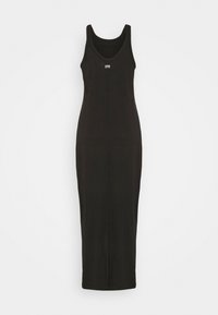 Robe maxi noire sans manches avec encolure dégagée et petite étiquette blanche sur la poitrine, présentée sur fond blanc.