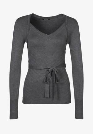 Maglia avvolgente grigia a maniche lunghe con scollatura a V, vita con cintura e tessuto testurizzato con motivi a coste diagonali. Materiale morbido, vestibilità slim.