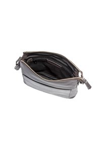Borsa grigia con zip aperta che mostra un interno nero, caratterizzata da una tasca singola e un design elegante adatto per lo stoccaggio o il viaggio.