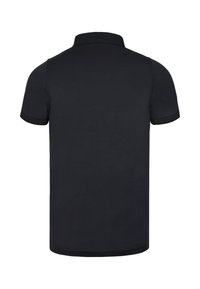 Černé polo tričko s krátkým rukávem, s texturovaným límcem a manžetami, s klasickým střihem a hladkým bavlněným materiálem.