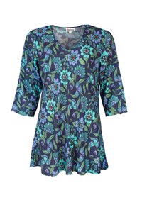 Floral patterned top featuring a deep navy background, short sleeves, and a V-neck. The design includes blue, green, and red flowers.