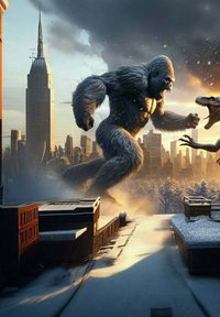 Un grand singe velu bondit d'un toit enneigé vers un dinosaure, avec des gratte-ciels et un bâtiment de style empire-state en arrière-plan.