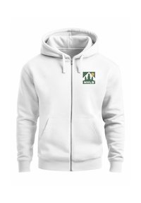 Weiße Zip-Hoodie mit einer Vorderseite Tasche, verstellbarem Kapuzenzug und einem Baum- und Sonnenlogo in grün und gelb auf der Brust. Weiches Material.