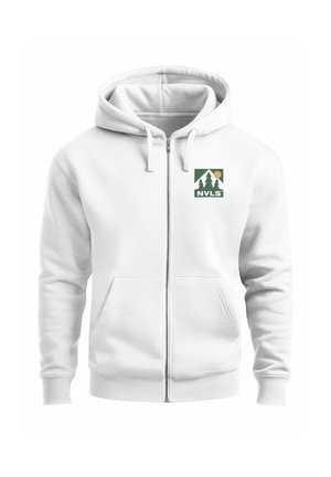 White zip-up hoodie featuring a front pocket, drawstring hood, and a tree and sun logo in green and yellow on the chest. Soft material.