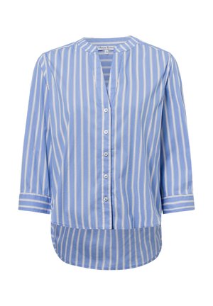 Hellblaue gestreifte Knopf mit Mandarin-Kragen, dreiviertel Ärmel und asymmetrischem Saum. Hergestellt aus glattem Stoff mit dezentem Glanz.