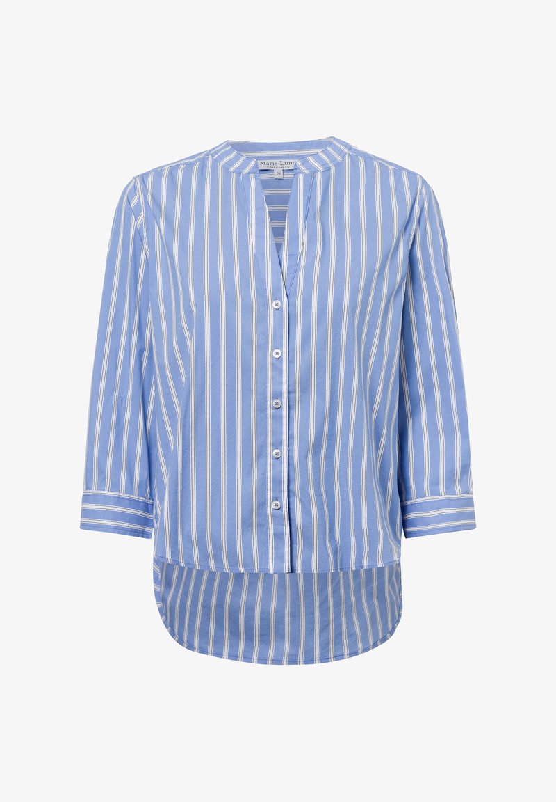 Hellblaue gestreifte Knopf mit Mandarin-Kragen, dreiviertel Ärmel und asymmetrischem Saum. Hergestellt aus glattem Stoff mit dezentem Glanz.