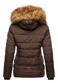 Brown padded jacket with a detachable faux fur hood, buckle detail, and ribbed cuffs. Features horizontal stitching and decorative accents.