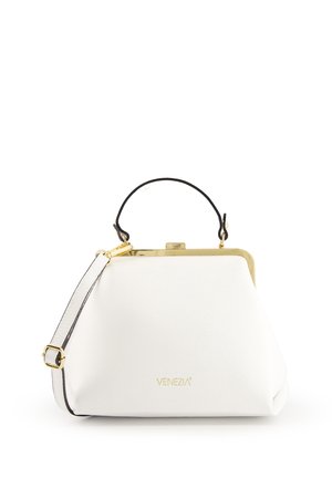 White leather handbag with a gold-toned clasp, black handle, and adjustable strap. Features a structured shape and embossed brand logo.