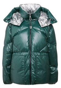Giacca a vento verde smeraldo con rivestimento argento lucido, colletto alto e chiusura a zip. Presenta due tasche frontali e un design trapuntato.