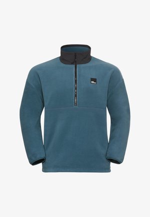 Pulsar fleece trui in teal met een zwarte, ritskraag, voorzien van een frontrits en een logo patch op de borst. Zachte textuur.