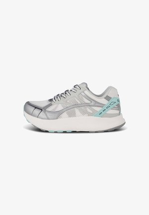 Gray and white athletic shoe with mesh upper, rounded toe, lace-up front, and mint accent on heel and midsole. Textured rubber outsole.