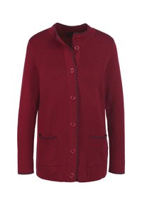 Roter Cardigan aus Strickstoff mit Rundhalsausschnitt, sechs Knöpfen, zwei Fronttaschen und kontrastierendem Stepp an den Kanten.