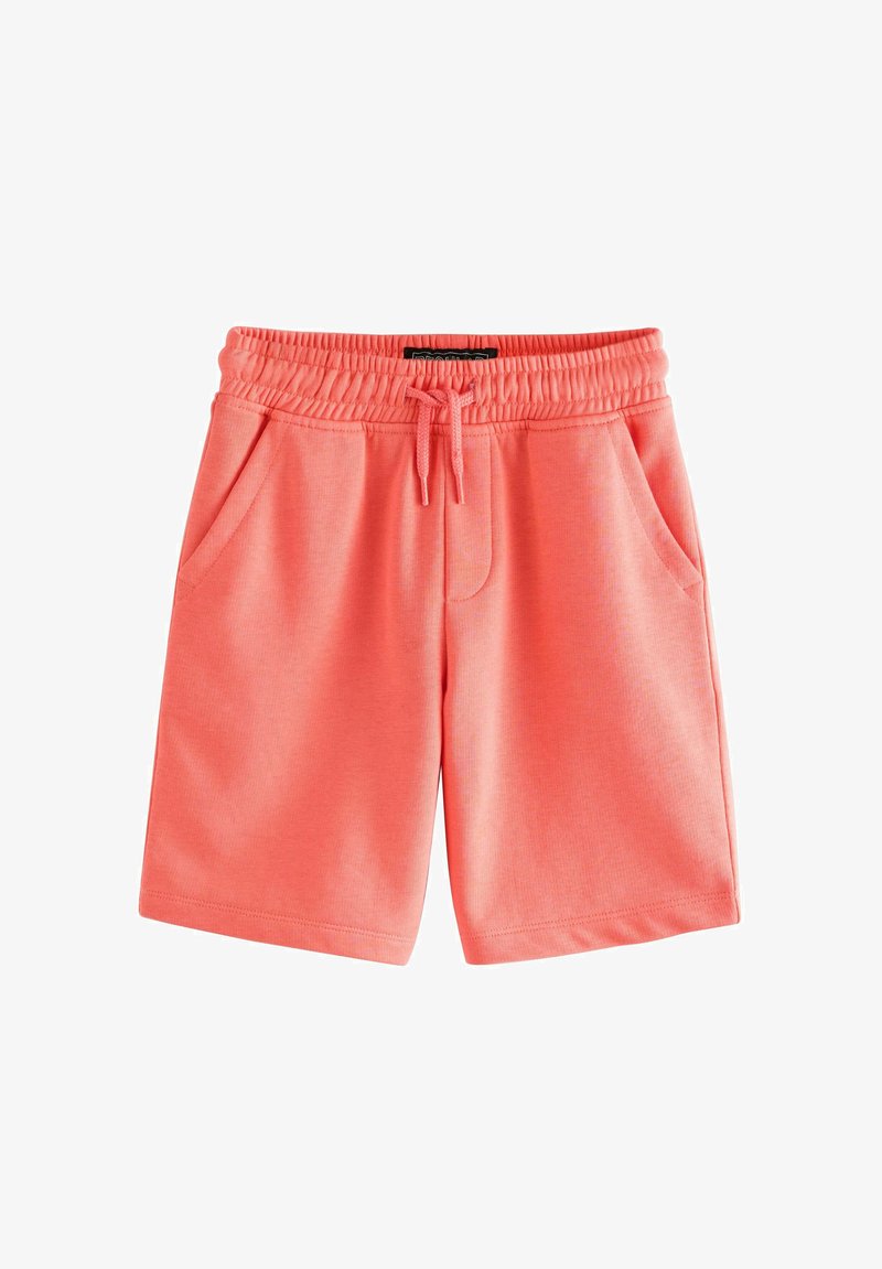 Korallinväriset urheilushortsit, joissa on joustava vyötärö, nauhaketa ja kaksi sivutaskua. Pehmeä, teksturoitu kangas on ihanteellinen aktiiviseen käyttöön.