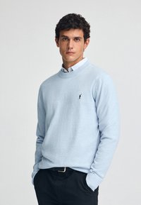 Ljusblå tröja i stickad tyg, med rund halsringning och en liten svart logotyp på vänster bröst. Bärs över en skjorta med krage.