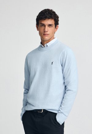Pull bleu clair en tricot, avec un col rond et un petit logo noir sur la poitrine gauche. Porté par-dessus une chemise à col.