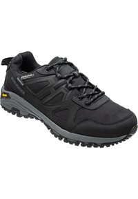 Sort vandtæt sko med en softshell-overdel, teksturerede overlays, grå accenter og en robust gummisål for greb og holdbarhed.