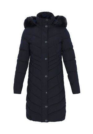 Zateplená zimní bunda v tmavě námořnické barvě s kapucí lemovanou kožešinou, plným zapínáním na knoflíky vpředu a horizontálním šikmým prošíváním. Obsahuje boční kapsy.