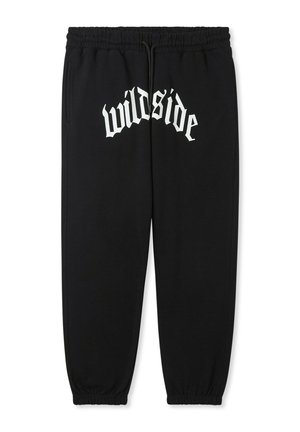Pantaloni da tuta neri con vita elastica, caratterizzati da testo "wildside" bianco in un font stilizzato sulla parte anteriore. Design con gambe affusolate.