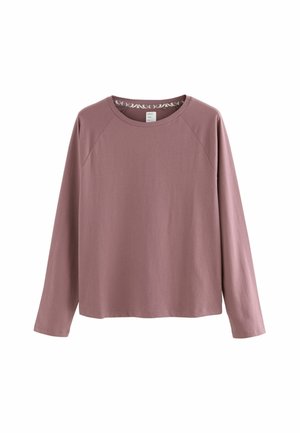 Long-sleeve top made of soft, lightweight fabric in muted mauve. Features a crew neck and raglan sleeves with a contrasting inner neck pattern.