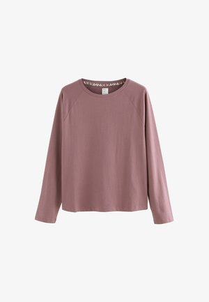 Long-sleeve top made of soft, lightweight fabric in muted mauve. Features a crew neck and raglan sleeves with a contrasting inner neck pattern.