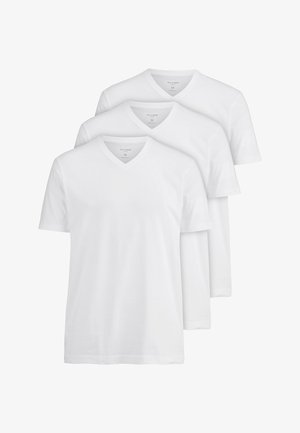 Three white cotton V-neck t-shirts are stacked, featuring short sleeves and a relaxed fit. Each shirt displays a label on the neckline.