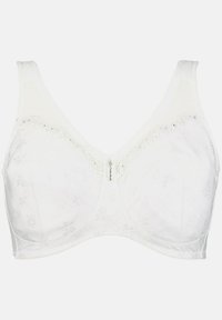 Witte bh met brede bandjes, kant trim, bloemenpatroon en een strikdetail in het midden. Gemaakt van zachte stof, met een gladde afwerking.