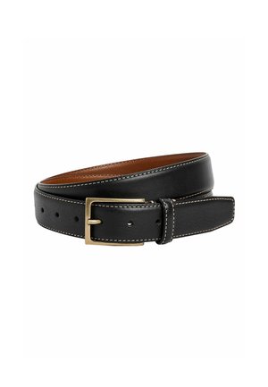Black leather belt with a gold-tone metal buckle, white stitching, and multiple holes for adjustment; smooth texture on the outside, brown lining.