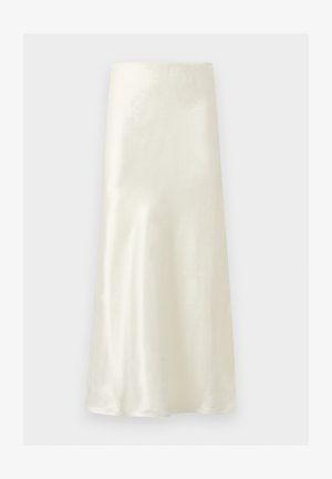 Μίντι φούστα από σατέν εκρού με ίσια, ελαφρώς φαρδιά γραμμή και λείο, γυαλιστερό φινίρισμα.