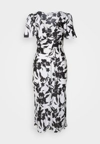 Robe midi blanche à imprimé floral noir, manches courtes bouffantes, corsage portefeuille et fine ceinture à nouer à la taille.