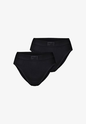 Deux culottes taille basse pour femmes noires avec une ceinture élastique à logo, présentées sur un fond blanc.