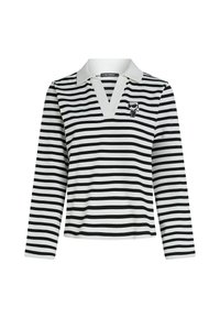 Gestreiftes langärmliges Poloshirt in Schwarz und Weiß, mit einem V-Ausschnitt und einem kleinen grafischen Logo auf der Brust. Weicher Stoff.