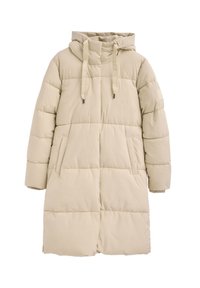 Beżowy długi pikowany zimowy płaszcz z kapturem, przednimi kieszeniami i sznurkami oznaczonymi "POLO CLUB", zaprojektowany dla ciepła i wygody.