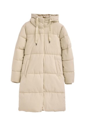 Beige long padded winter coat with hood, front pockets, and drawstrings labeled "POLO CLUB," designed for warmth and comfort.