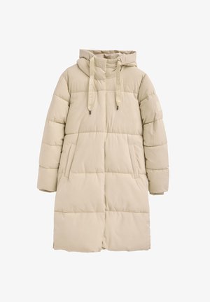 Beige long padded winter coat with hood, front pockets, and drawstrings labeled "POLO CLUB," designed for warmth and comfort.
