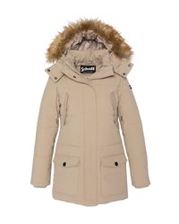 Giacca puffer beige con cappuccio foderato in pelliccia sintetica, due tasche frontali con chiusura a bottoni e chiusura frontale con zip.
