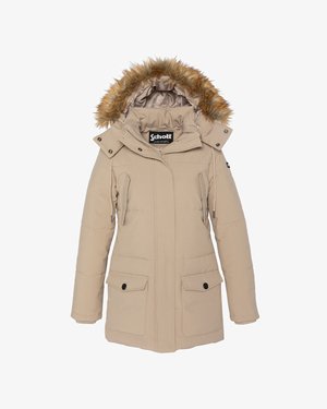 Beige pufferjack met een faux fur gevoerde capuchon, twee voorzakken met knoopsluitingen en een rits aan de voorkant.