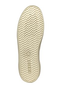 Semelle de chaussure en caoutchouc beige présentant un motif en vagues et des trous de ventilation, marquée "GEOX" et "PATENT ITALIEN." Texture lisse.