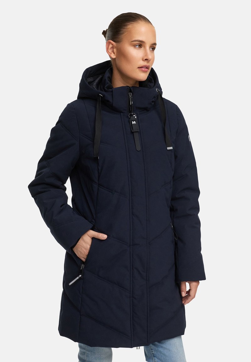 Navyblauwe gewatteerde parka met een capuchon, voorzien van ritszakken en verstelbare trekkoorden. Gemaakt van gladde, duurzame stof.