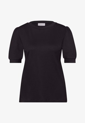 Sort kortærmet top med puffede ærmer, rund halsudskæring og tætsiddende manchetter, vist på en ensfarvet hvid baggrund.