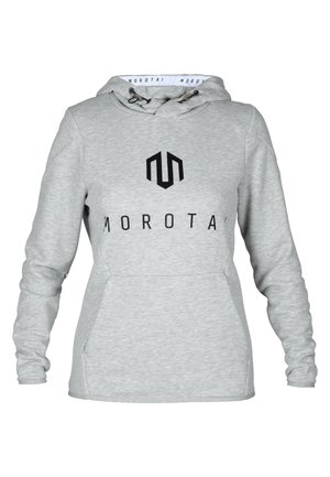 Szürke kapucnis pulcsi, puha anyagból készült, elől fekete logóval, állítható húzózsinórral a kapucnin és oldalsó zsebekkel.