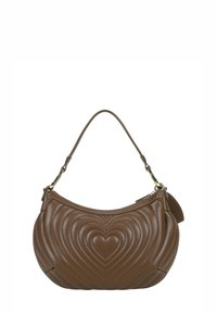 Borsa a tracolla in pelle marrone con motivo a cuori, forma curva e tracolla corta. Chiusura con zip e piccolo dettaglio con etichetta.