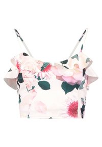 Top corto floral con mangas acampanadas, que presenta un fondo claro, grandes patrones de flores rosas y verdes, y finas tirantes ajustables.