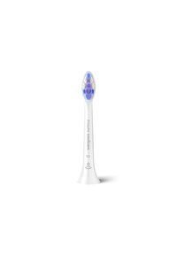 Philips Sonicare S2 tandenborstelkop; witte kunststof met blauwe accenten, ovale vorm, getextureerde borstelharen en een gebogen hals voor effectieve reiniging.