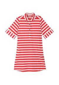Kleid mit Kragen in Rot-Weißen Streifen, kurzen Ärmeln, Knopfleiste und seitlichen Taschen. Hergestellt aus leichtem, glattem Stoff.
