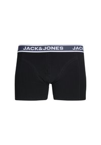 Boxer briefs pretos feitos de tecido elástico, com um cós cinza onde está repetido o texto "JACK & JONES". Textura suave, design ajustado.