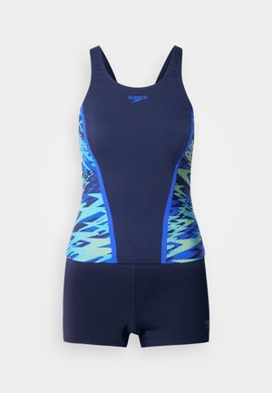 Top da nuoto blu navy con design aderente, caratterizzato da dettagli a motivi blu e verdi sui lati e tessuto confortevole e elastico.