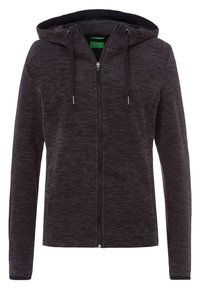 Sort zip-up hoodie med en struktureret ydre, justerbar snørehætte og sidelommer. Har et diskret logo på brystet.