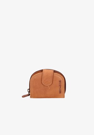 Bruine leren ritsportemonnee met een ronde vorm, een gladde textuur en een drukknoopsluiting. Voorzien van zichtbare stiksels en een geperst logo-detail.